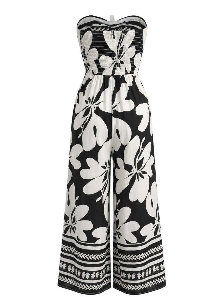 Schwarzer 70er Trägerloser Jumpsuit mit Blumen und Vorderbindung