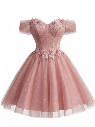 Rosa 50er schulterfreies Ballkleid aus Tüll mit Blumen und Glitzer