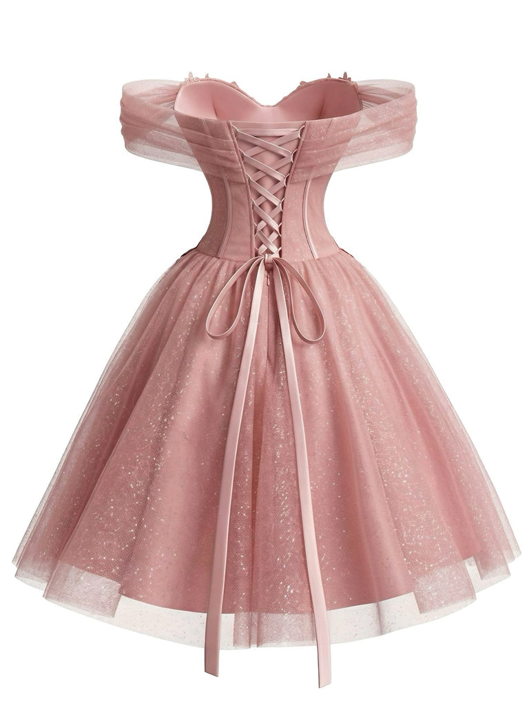 Rosa 50er schulterfreies Ballkleid aus Tüll mit Blumen und Glitzer