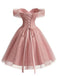 Rosa 50er schulterfreies Ballkleid aus Tüll mit Blumen und Glitzer