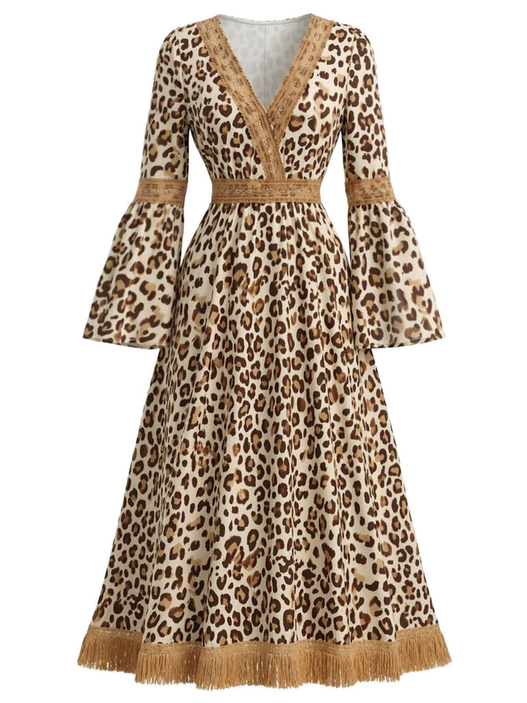 70er Boho Kleid mit V-Ausschnitt und Leoparden-Print