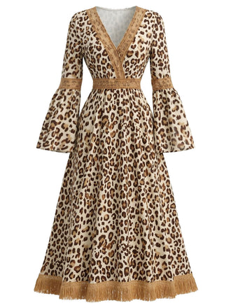 70er Boho Kleid mit V-Ausschnitt und Leoparden-Print