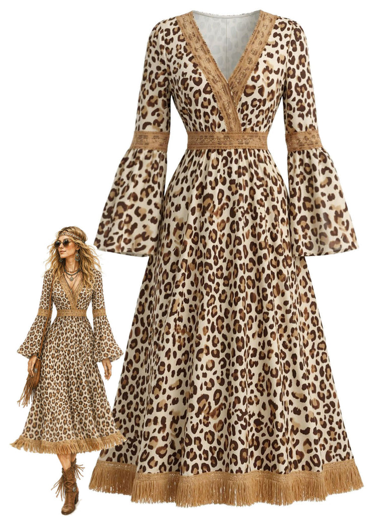 70er Boho Kleid mit V-Ausschnitt und Leoparden-Print