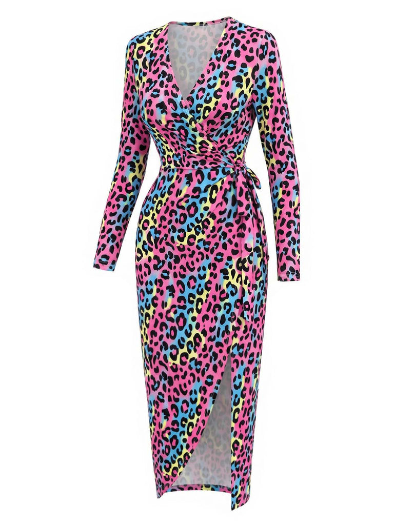 80er Wickelkleid mit Neon-Leopardenprint und Strick