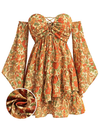 Dunkelgelbes 70er Boho Minikleid mit Blumen und Schnürung