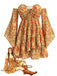 Dunkelgelbes 70er Boho Minikleid mit Blumen und Schnürung