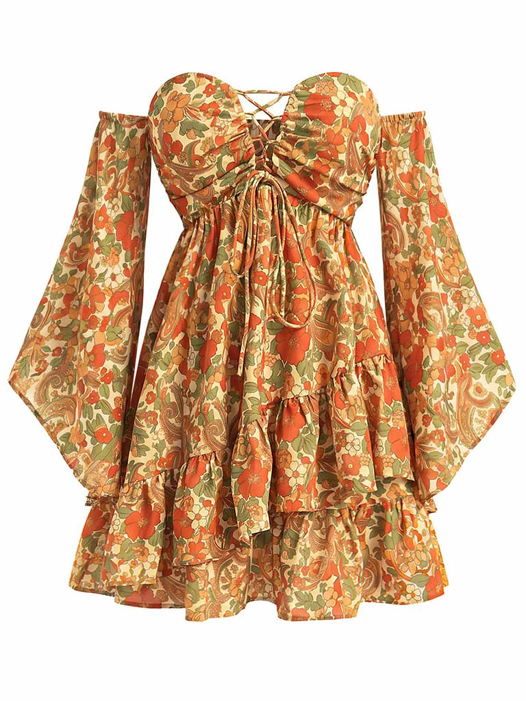 Dunkelgelbes 70er Boho Minikleid mit Blumen und Schnürung