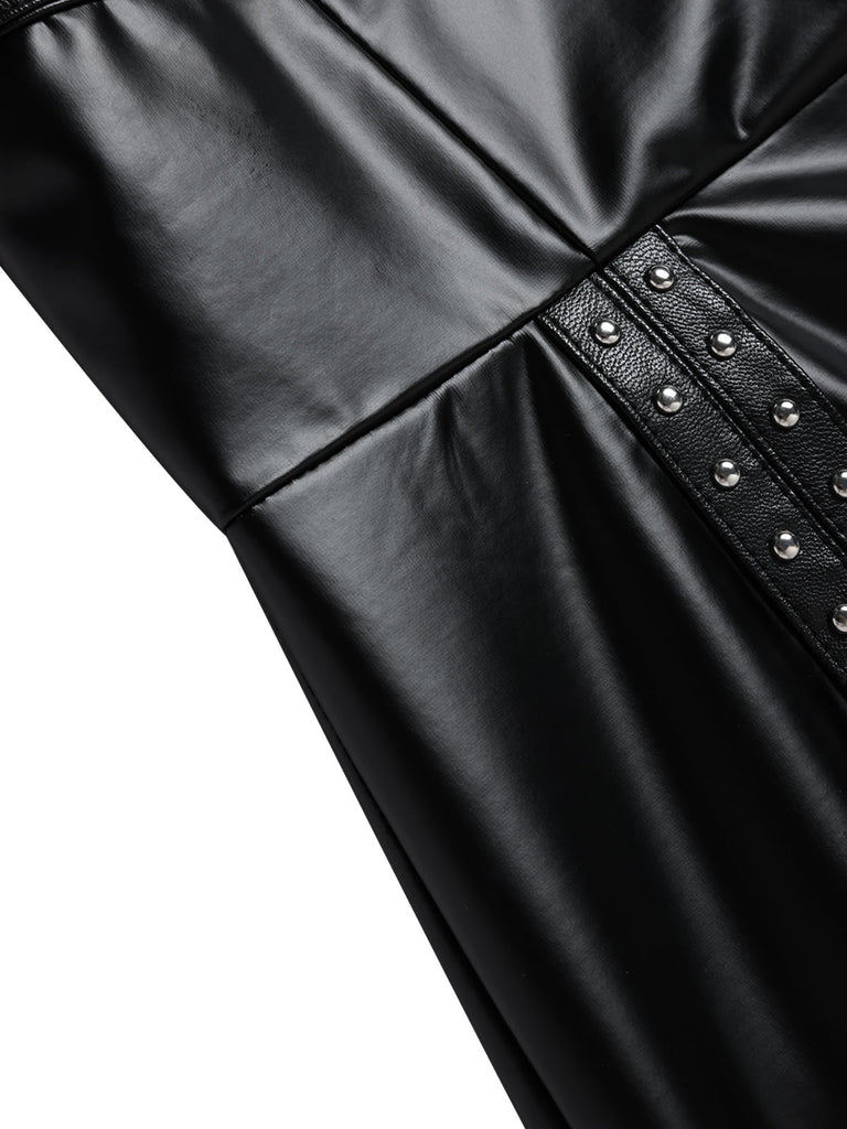 Schwarzes 60er Leder-Minikleid mit Spaghettiträger und Raffung