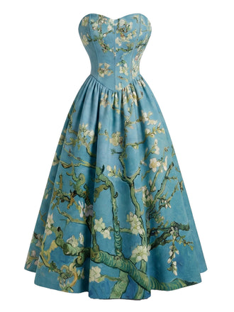 [Vorverkauf] Blaues 50er trägerloses Kleid mit Mandelblüten