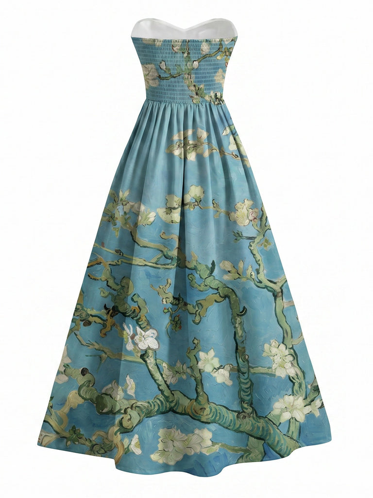 Blaues 50er trägerloses Kleid mit Seerosen