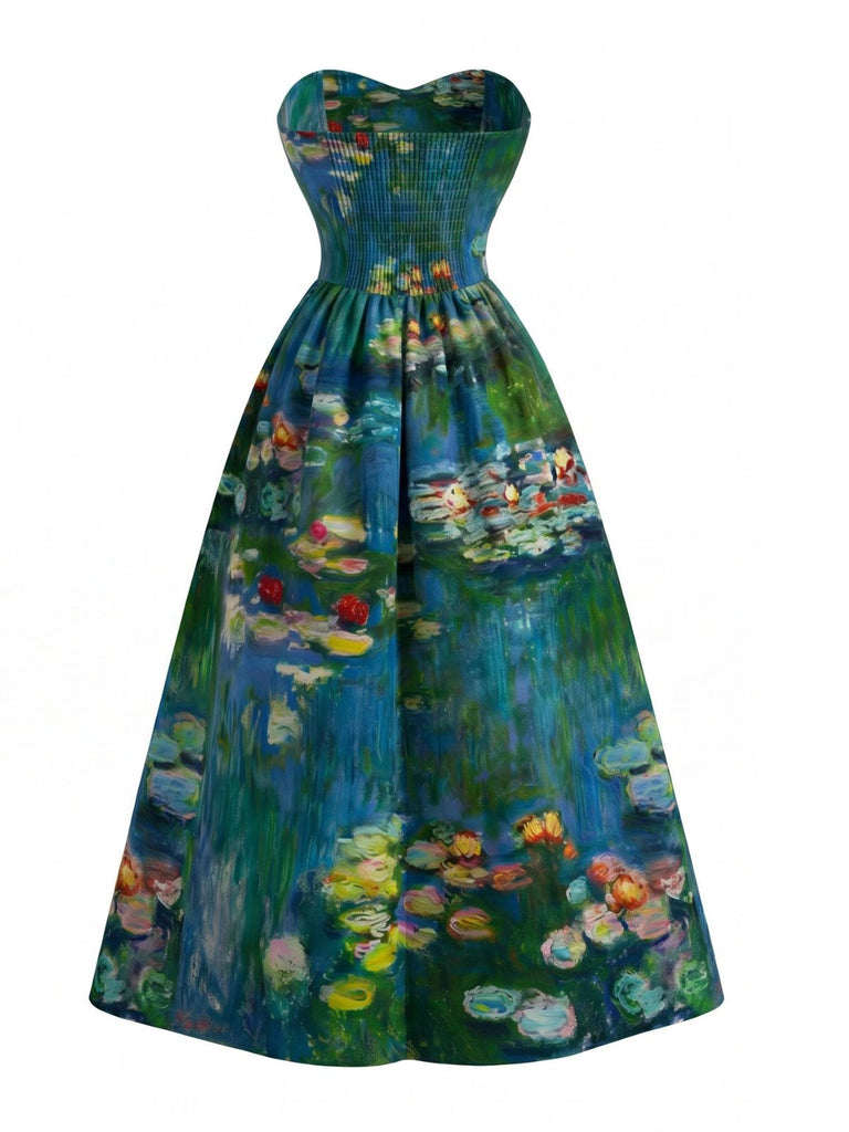 Blaues 50er Trägerloses Kleid mit Herzausschnitt und Lilien