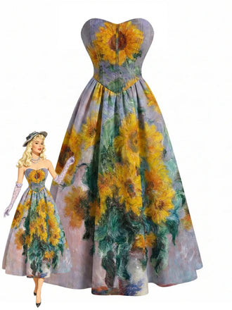 [Vorverkauf] Lavendel 50er trägerloses Kleid mit Sonnenblumen und Herz-Ausschnitt