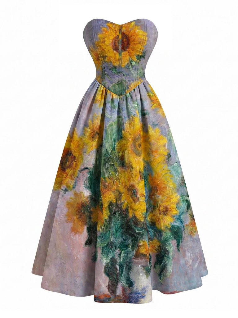 [Vorverkauf] Lavendel 50er trägerloses Kleid mit Sonnenblumen und Herz-Ausschnitt