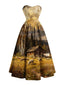 [Vorverkauf] Gelbes 50er trägerloses Kleid mit Landschaftsmotiv