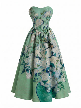 Grünes 50er Trägerloses Kleid mit Herzausschnitt und Lilien