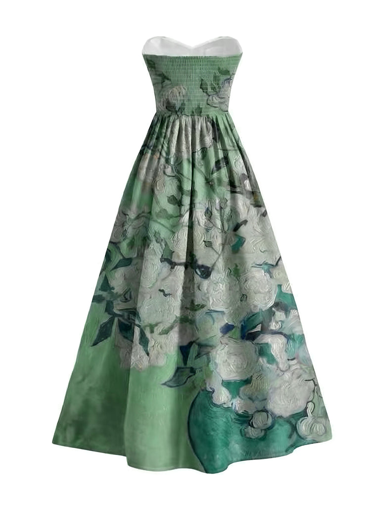 Grünes 50er Trägerloses Kleid mit Herzausschnitt und Lilien