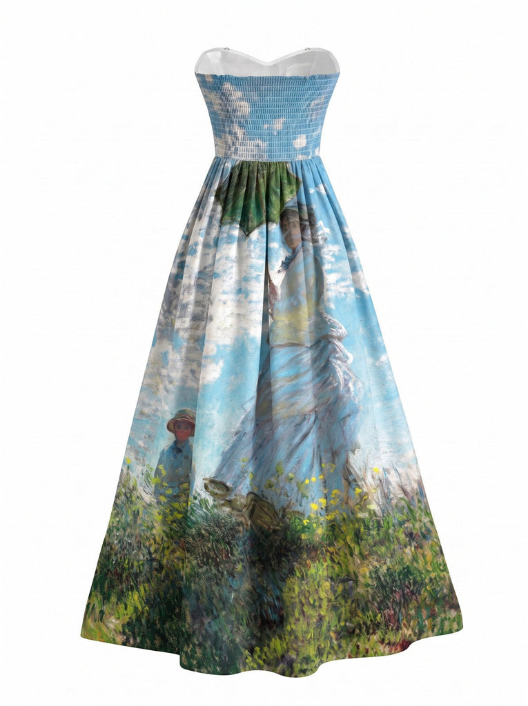 Hellblaues 50er trägerloses Kleid mit Sonnenschirm-Frauenmotiv
