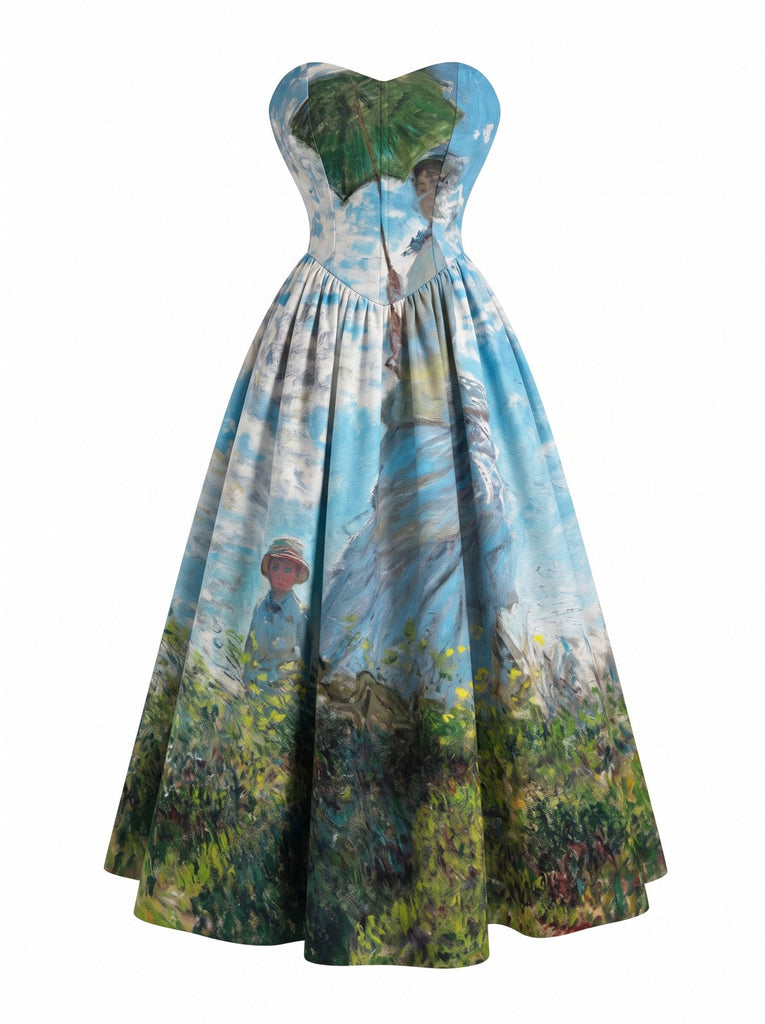 Hellblaues 50er trägerloses Kleid mit Sonnenschirm-Frauenmotiv