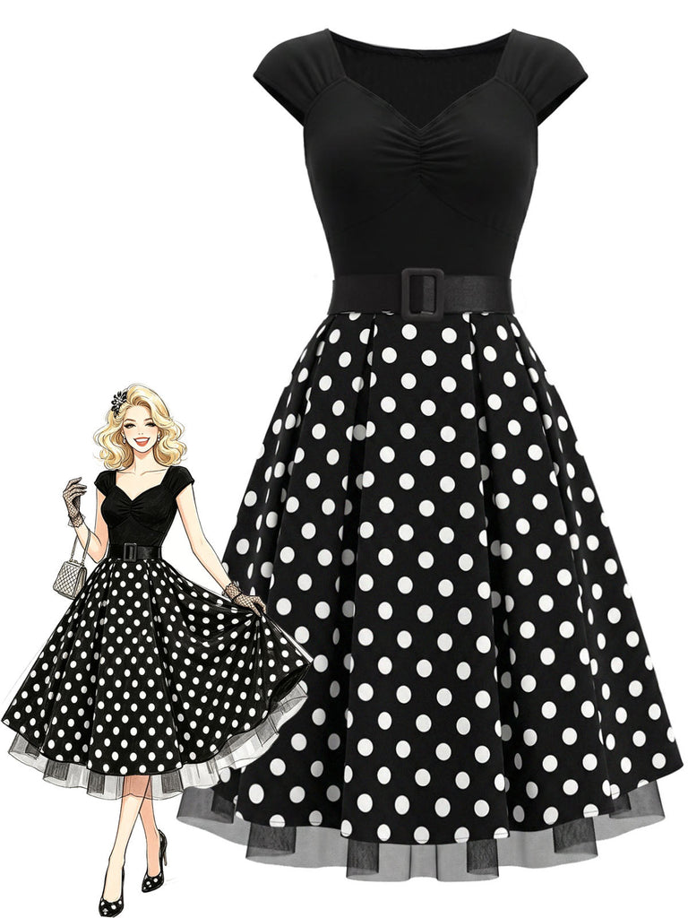 Schwarzes 50er Strick-Swingkleid mit Kappärmel und Polka-Dots