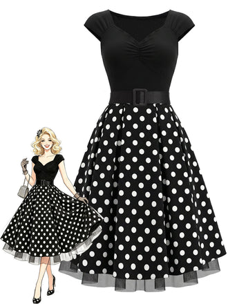 Schwarzes 50er Strick-Swingkleid mit Kappärmel und Polka-Dots