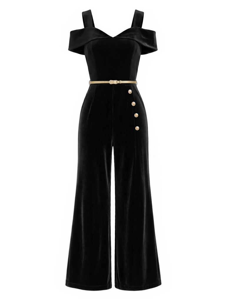 Schwarzer 50er Cold-Shoulder Jumpsuit mit Samt und Breit