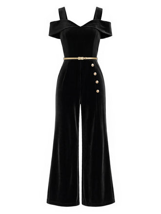 Schwarzer 50er Cold-Shoulder Jumpsuit mit Samt und Breit