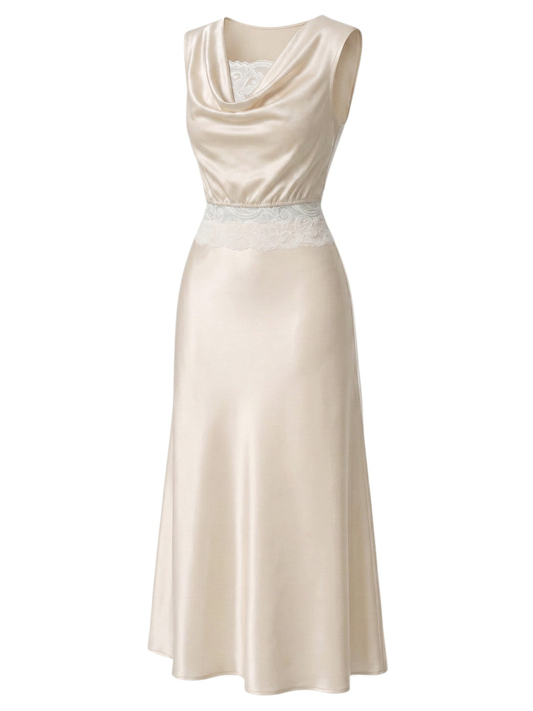 Champagnerer 20er Satin-Rock mit Wasserfallausschnitt und Spitze