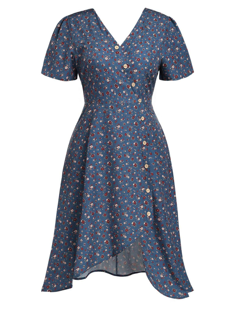 [Übergröße] Dunkelblaues 40er Midikleid mit Blumen und Knopfleiste