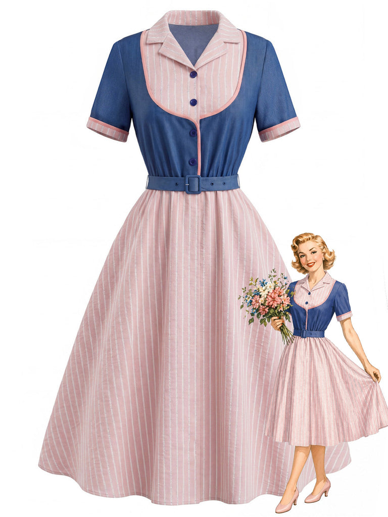 Rosa & Blaues 50er Kleid mit Reverskragen und Streifen