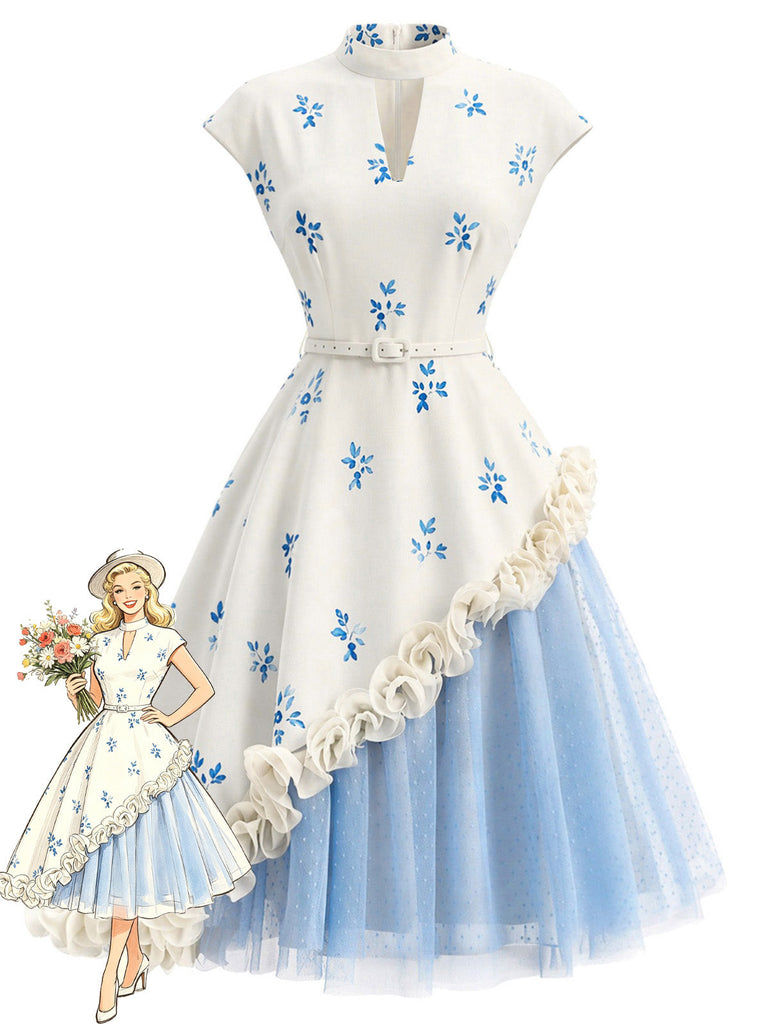 50er Netzkleid mit 3D-Rosen und Polka-Dots