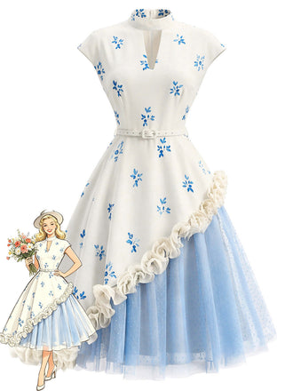 50er Netzkleid mit 3D-Rosen und Polka-Dots