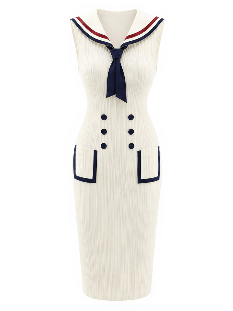 Cremefarbenes 60er Sailor Strick-Kleid mit gerippt und Tasche