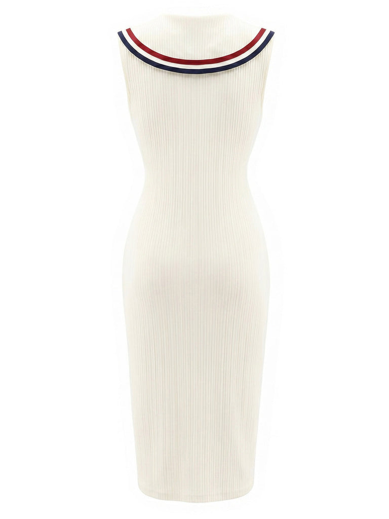 Cremefarbenes 60er Sailor Strick-Kleid mit gerippt und Tasche