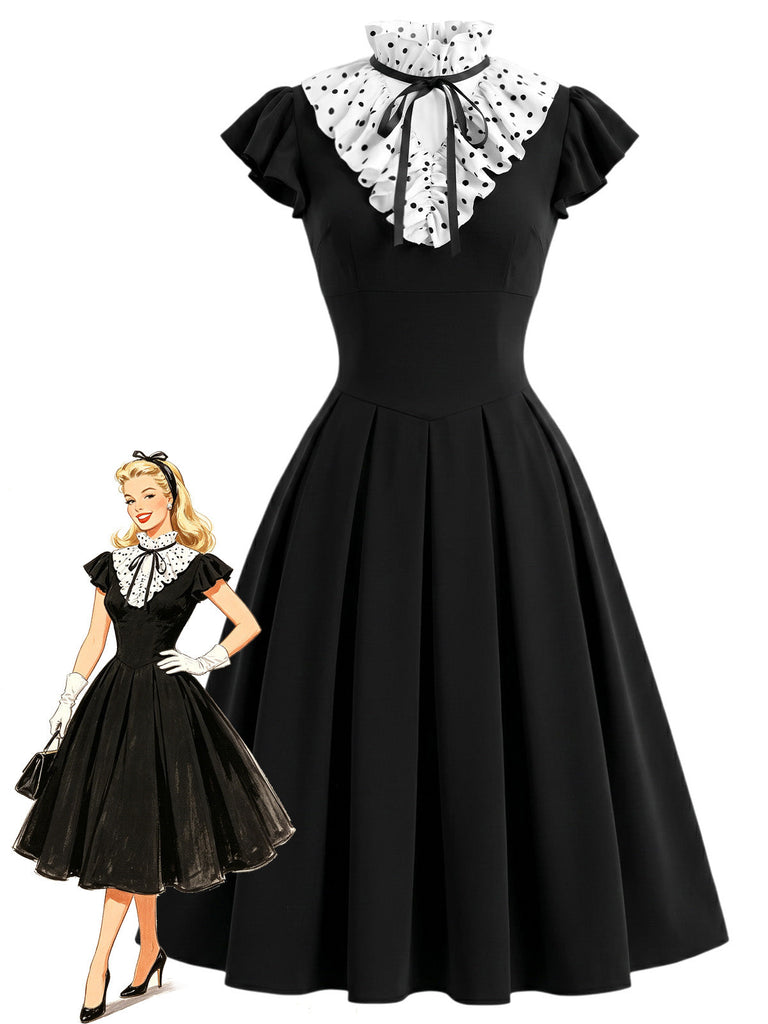 Schwarzes 50er Kleid mit Polka-Dots und Rüschen