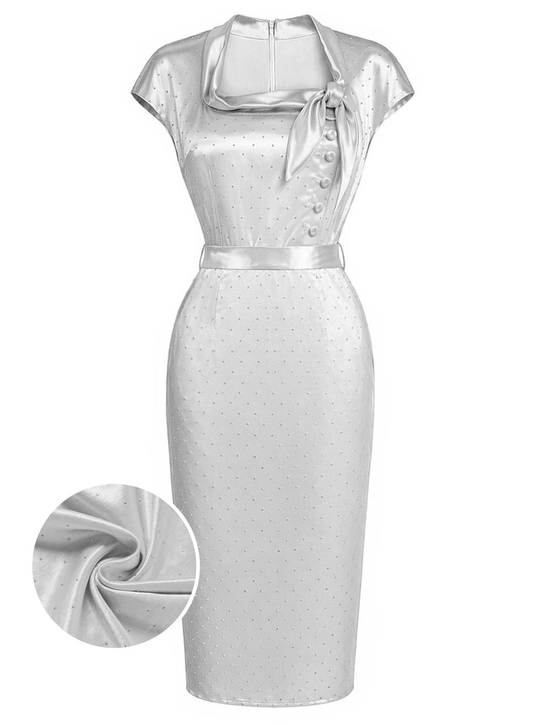 Graues 60er Satin-Bleistiftkleid mit Strass