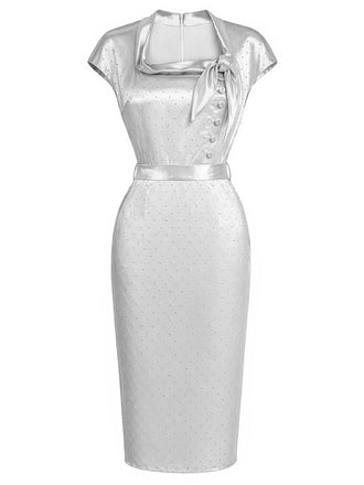 Graues 60er Satin-Bleistiftkleid mit Strass