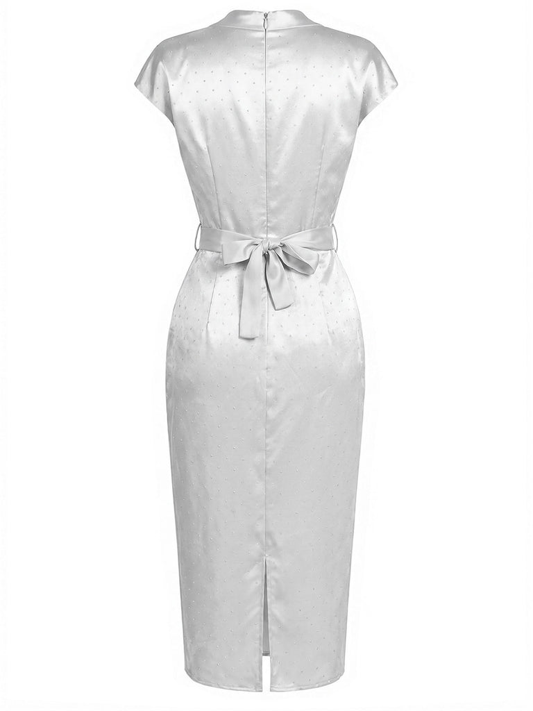 Graues 60er Satin-Bleistiftkleid mit Strass