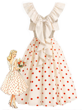 Creme & Rotes 50er Kleid mit Polka-Dots