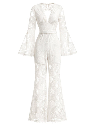 Weißer 60er Jumpsuit mit V-Ausschnitt und Neckholder