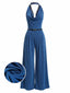 [Vorverkauf] Blauer 80er Jumpsuit mit Neckholder und Spitzenbesatz