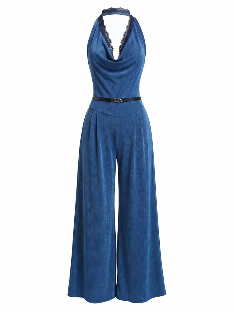 Blauer 80er Jumpsuit mit Neckholder und Spitze