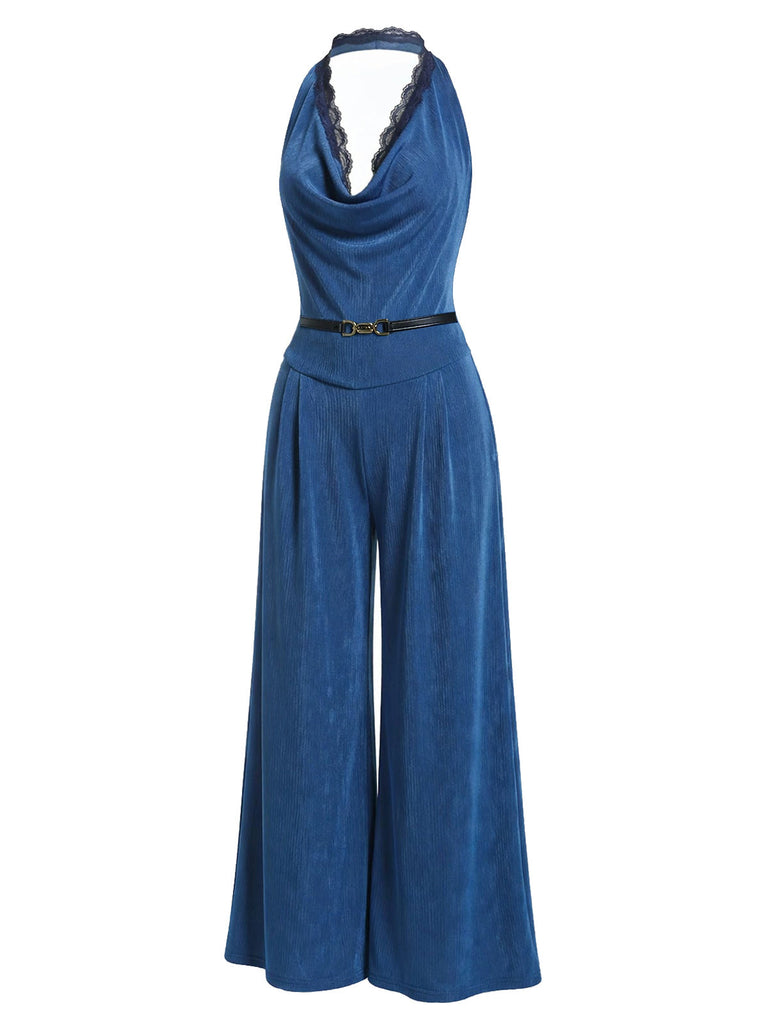 Blauer 80er Jumpsuit mit Neckholder und Spitze