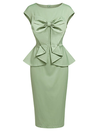 Grünes 60er Bleistiftkleid mit Rundhals und Schleife