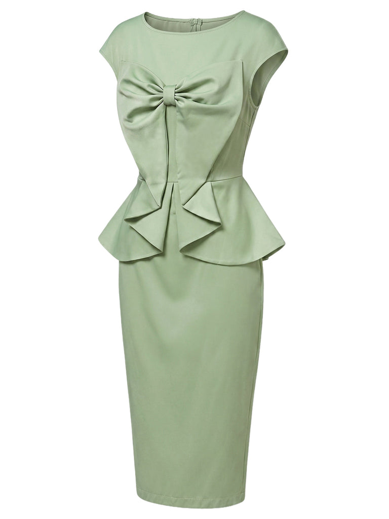 Grünes 60er Bleistiftkleid mit Rundhals und Schleife