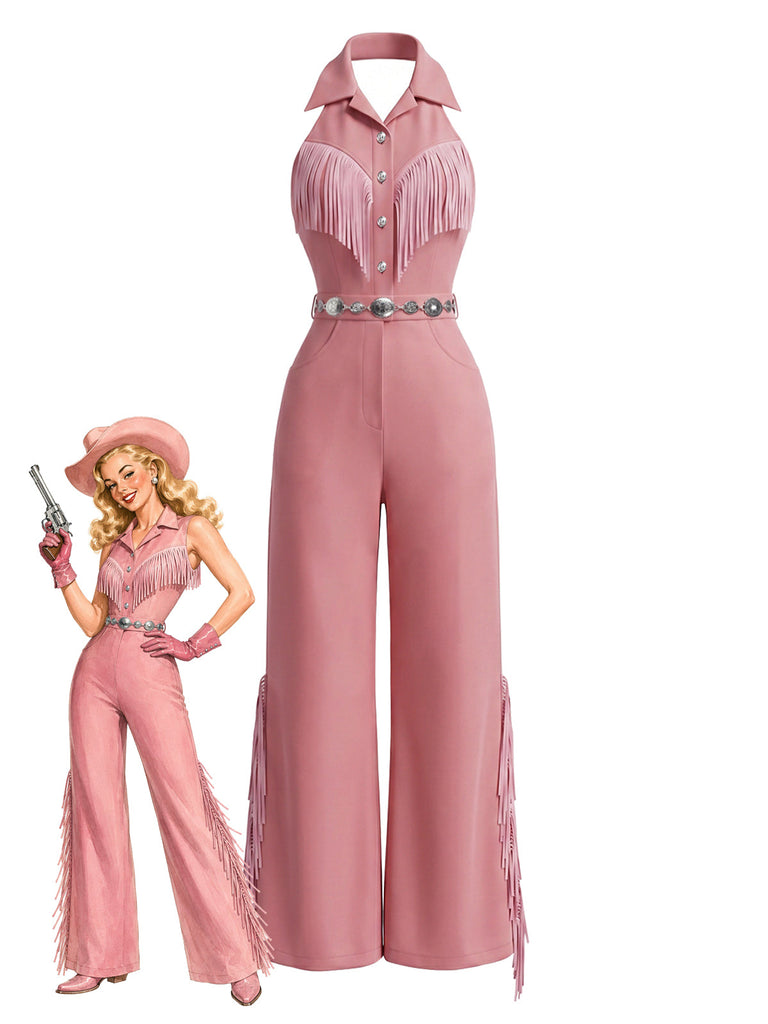 Rosa 70er Jumpsuit mit Neckholder und Reverskragen