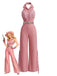 Rosa 70er Jumpsuit mit Neckholder und Reverskragen