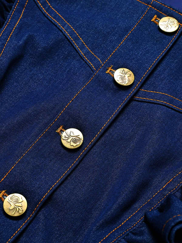[Vorverkauf] Dunkelblauer 70er Jeans-Romper mit Rundhals und Rüschen