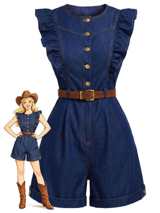 [Vorverkauf] Dunkelblauer 70er Denim-Romper mit Rüschenärmeln und Bindegürtel