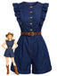 [Vorverkauf] Dunkelblauer 70er Denim-Romper mit Rüschenärmeln und Bindegürtel