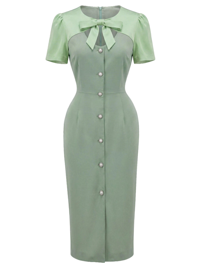 Grünes 60er Bleistiftkleid mit Schleife und Farbblock